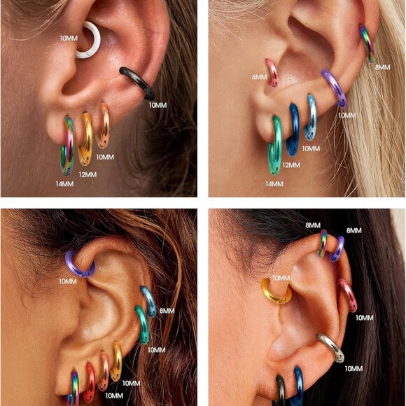 Stainless Steel Hoop Earrings 12 Pairs Multicolor Hypoallergenic Men Women - Picture 8 of 8